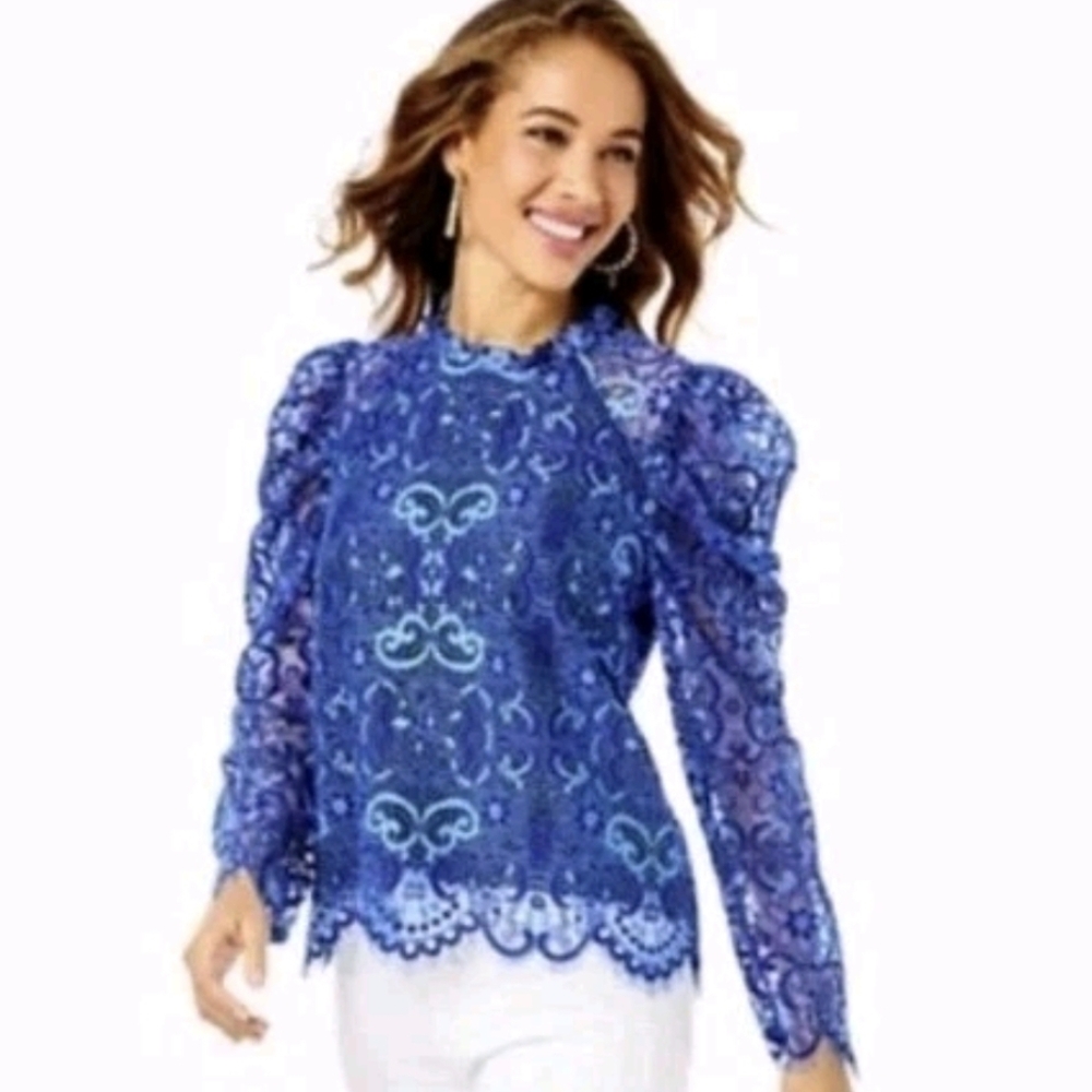 Lilly Pulitzer Averi Lace Blouse Blue Puff Sleeve Top Lined Peasant Women's Sz M